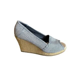 Report Open Toe Espadrille Wedge Heels Blue & White Stripe Canvas 6.5